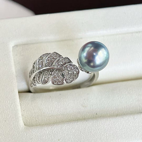 7-8mm Silver Blue Akoya Pearl Zirconia Feather Open Ring